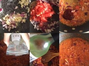 披萨酱的做法：洋葱和大蒜切末，锅内加黄油，融化后，倒入大蒜和洋葱末翻炒，接着加入去皮切丁的番茄继续翻炒，炒软以后，加入番茄酱翻炒均匀，然后加入披萨草、罗勒、黑胡椒碎，适量盐翻炒，接着倒入白葡萄酒，翻炒均匀后，倒入一点点清水，大火烧开小火收汁即可