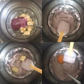 烧一锅热水，开到小火，把奶油奶酪放在耐高温容器里，把容器放入热水中，隔水加热，奶油奶酪中倒入上一步准备好的蓝莓酸奶昔，用刮刀不停搅拌至顺滑、然后加入黄油，搅拌至黄油融化并且与奶酪完全融合，蛋清蛋黄分离，分次将蛋黄加入到奶酪中，每次加入一个蛋黄并且完全搅拌均匀