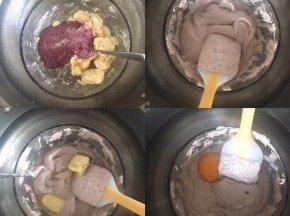 烧一锅热水，开到小火，把奶油奶酪放在耐高温容器里，把容器放入热水中，隔水加热，奶油奶酪中倒入上一步准备好的蓝莓酸奶昔，用刮刀不停搅拌至顺滑、然后加入黄油，搅拌至黄油融化并且与奶酪完全融合，蛋清蛋黄分离，分次将蛋黄加入到奶酪中，每次加入一个蛋黄并且完全搅拌均匀
