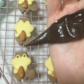 放凉的小松鼠饼干，黑巧克力放入裱花袋隔水融化，裱出小松鼠的眼睛、鼻子、嘴巴。