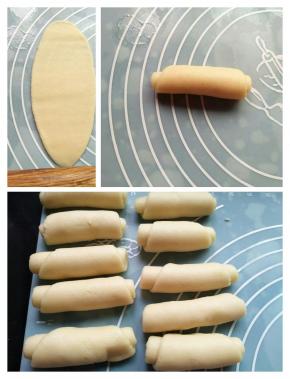 取一个面团，擀成牛舌状，卷起，依次做好，盖保鲜膜记得盖保鲜膜