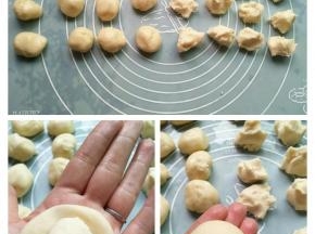 水油皮和油稣分成20份，取一个油皮，按扁，包入一个油稣；收口捏紧，朝下