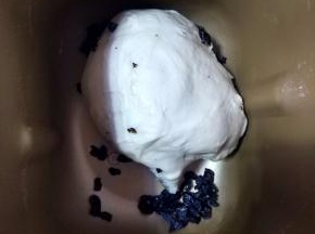 面包材料中除黄油和酵母外材料和成面团，揉至扩展阶段，加入黄油，和葡萄干继续揉