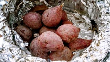 然后再中火30分钟熄火，利用余热焖（具体时间根据紫薯的大小和火力的大小不同灵活选择）。（不要开盖，充分利用砂锅锅体储存的热能焖紫薯。这次估计火调的小，紫薯没有焦，但是筷子一捅也熟了，喜欢吃带焦的可以调大火或者多烤会。）