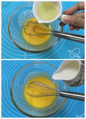 3. 依次加入玉米油，和牛奶，每当加入一种原料后都要混合搅拌均匀