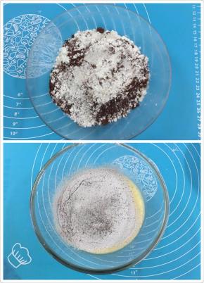 4. 可可粉和面粉先混合在一起，把粉类从距离盆口10厘高的位置筛入到蛋黄糊中，搅拌至看不见干粉