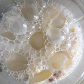 倒入牛奶，放入几快冰块