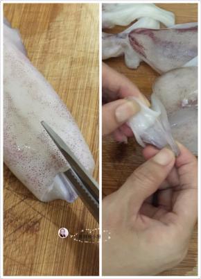 1. 尤鱼洗净用食用剪刀把剪开，剪开之后，在鱿鱼的尾部撕开把皮去掉