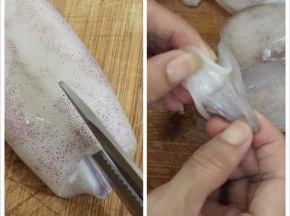 1. 尤鱼洗净用食用剪刀把剪开，剪开之后，在鱿鱼的尾部撕开把皮去掉