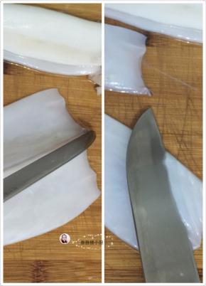 3. 去好皮之后就开始切花了，先切成两片，切的时候记得要摸起来里滑的一面来切花，就要不烫的时候卷不了花，斜刀切鱿鱼花（拿刀的角度为45度角）切下去不能切断，要不就成鱿鱼丝了