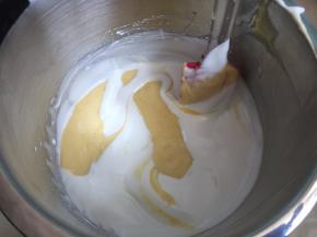 再将划伴均匀的蛋糕糊倒入剩余的蛋白霜中划拌均匀