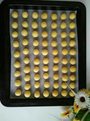 从冰箱取出面团，7克一个揉成球状，依次摆放在烤盘上