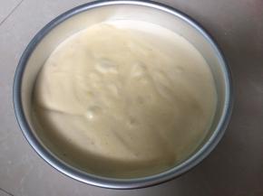 再将切拌好的蛋糕糊倒入剩余的1/2蛋白霜中划拌均匀，然后倒入8寸蛋糕模具中，震泡两下