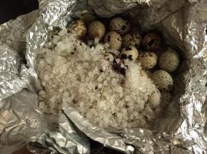 5. 再把剩余的盐全部都铺盖在鹌鹑蛋上