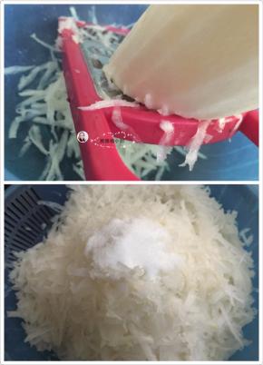 2. 萝卜去皮刨丝

创好萝卜丝加入20克的盐，把其抓均匀，静置20分钟