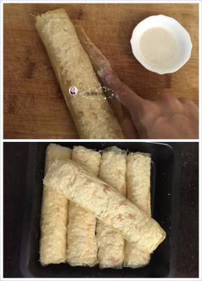 7. 用少许的番薯粉兑水，成糊状，涂在腐皮尾部让其粘贴

刚好卷了5条