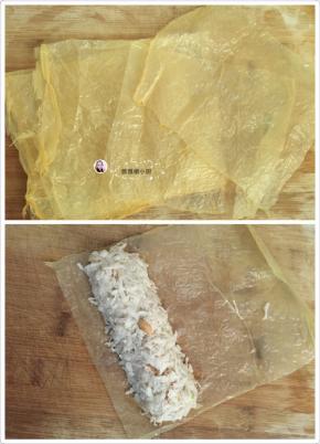 6. 豆腐皮剪成自己喜欢的大小，我的是一张剪成4

把萝卜丝码在腐皮上，再卷上