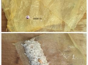 6. 豆腐皮剪成自己喜欢的大小，我的是一张剪成4

把萝卜丝码在腐皮上，再卷上