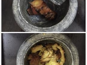 3. 用石盅把南姜捣碎，没有石盅的就用刀切碎再用刀拍一拍，这一步可以让南姜的气味更好的发挥