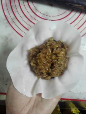 15、放在手心中，挖一大勺馅料放中间。