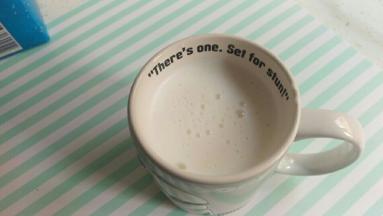 这个就是完成的奶泡，有一些大气泡是正常的，一会倒的时候会不见。再把奶泡倒入自己喜欢的杯子中，就可以喝咯！上面可以撒可可粉，家庭式的摩卡咖啡就搞定咯！