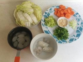把大白菜切块，葱切小段，洋葱切碎，红萝卜切片。