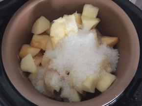苹果去皮切块后放入锅中加入40g白砂糖煮，煮的时候有大量水分，不用管它，煮至收汁即可