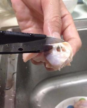 用厨房剪刀将鸡翅两端的肉筋剪断，然后将骨头慢慢拉出来。