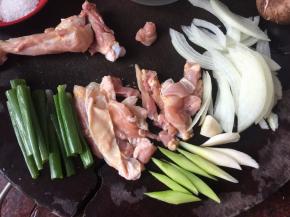 鸡肉带皮切块，洋葱切丝，葱蒜切段
