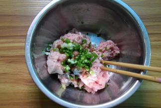 肉末里加蛋清、葱末、姜末和盐，用力搅拌均匀上劲