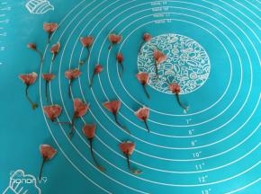 3.	泡好的樱花用厨房纸巾拭干水分。