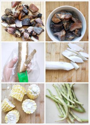 腊肉切块，用清水洗一下，山药削皮，滚到切块，玉米洗净切段，豆角洗净去头尾。