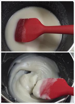 1. 先把汤种制作好，水和高粉混合至看不见干粉,放在煤气灶上小火加热，一边不停的搅拌至浓稠状态，离火，放凉即可使用