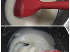 1. 先把汤种制作好，水和高粉混合至看不见干粉,放在煤气灶上小火加热，一边不停的搅拌至浓稠状态，离火，放凉即可使用