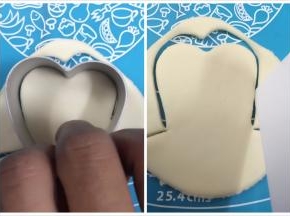 15. 再用心型的饼干模具压，压的时候手拿着饼干模具的地方要稍微的翘起，不能能整个模具都往下压要不出来的就是心形了，按压出上部分，下部分用刮板把形状割出来，稍微再用手整一整型即可
