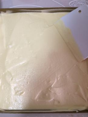 烤盘垫油纸，把原味的蛋糕糊先倒入烤盘内，用刮板抹平