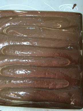 带上一次性手套，食指插进蛋糕糊里，从开始处画s型，一直画完不能中断，手指一定要戳到烤盘底部，再换个方向重复画s型一遍