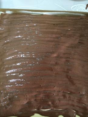 可可蛋糕糊装进裱花袋，轻轻地挤在原味蛋糕糊上面