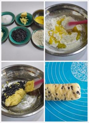 接着做表面菠萝巧克力皮：将低粉•糖粉和杏仁粉混合。加入鸡蛋液，搅拌均匀。加入隔水融化的黄油，搅拌均匀。然后放入巧克力，搅拌均匀已经放入冰箱冷藏，二发以后搓成椭圆形状。