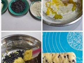 接着做表面菠萝巧克力皮：将低粉•糖粉和杏仁粉混合。加入鸡蛋液，搅拌均匀。加入隔水融化的黄油，搅拌均匀。然后放入巧克力，搅拌均匀已经放入冰箱冷藏，二发以后搓成椭圆形状。