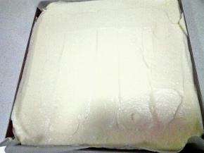 蛋糕糊缓缓倒入烤盘，用刮刀抹平。
烤盘轻震几下送入提前预热好的烤箱，上下火150度25分钟。