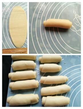 取一个面团，擀成牛舌状，卷起，依次做好，盖保鲜膜记得盖保鲜膜