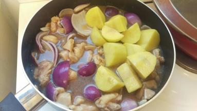 再加入洋葱和土豆，红萝卜再加入大量水，差不多满鸡肉就行。再加入剩下的蚝油。