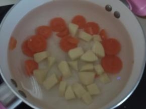 锅里倒入适量清水烧开后放入切块的胡萝卜和土豆