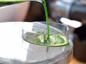 接通电源，让搅拌棒将面粉搅拌起来，将菠菜汁从注水孔处倒入搅拌桶内