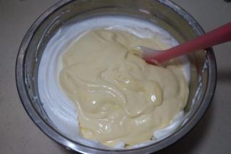 将混合好的糊糊倒回到蛋白糊盆中