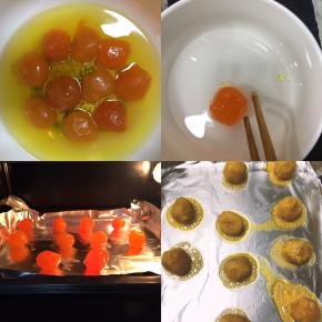 生咸鸭蛋黄用花生油浸泡2小时以上，然后在高度白酒里滚一圈，放入烤箱，上下火170度，烤10分钟，备用