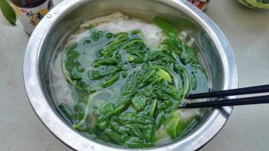 捞面条盆中抄散散热（如果感觉盆中水热可倒出更换凉水，让面条、菜快速降温）。