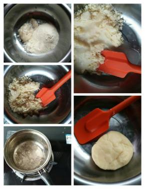 先制作油皮，把中筋面粉、细砂糖和猪油称好，混合均匀，小奶锅里的水煮沸，倒入容器里，快速翻拌均匀