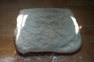 依次折叠，直到折成一个长方形饼，封口捏严，用手轻轻按压均匀，一边按一边往周围扒扒